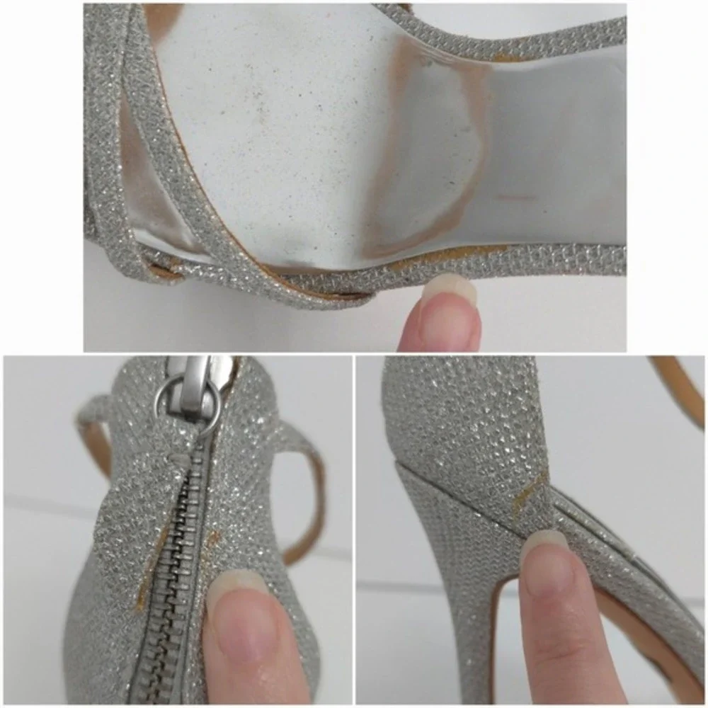 Badgley Mischka Silver Glitter Ankle Strap Open-Toe Strappy Formal Heels- Sz 7.5
